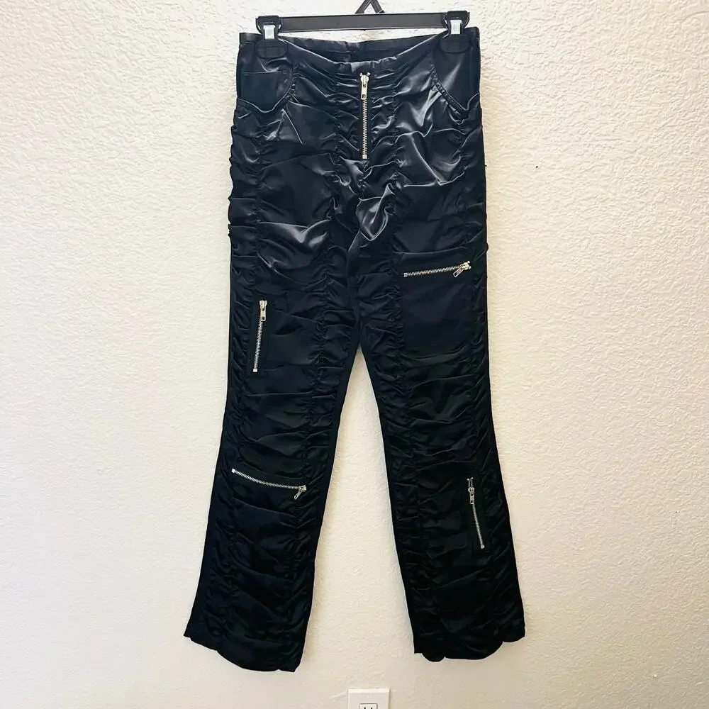 Seven Express Y2K Ruched Satin Cargo Pants Flare Leg Black 26 Cyber Clubwear - Picture 2 of 10
